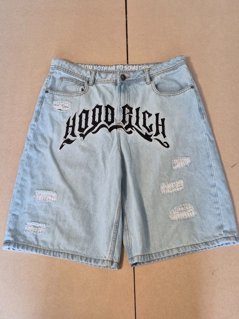 Hoodrich Ritual Denim Jorts Mens 32 Light Wash Baggy Distressed Gothic Logo